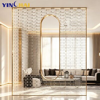 Custom Stainless Steel Screen Partition With Glass Brick And Oval Hollow Frame 