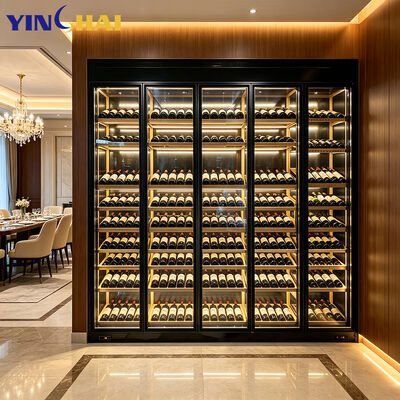 Luxury Stainless Steel Wine Cabinet Black Frame LED Glass Display