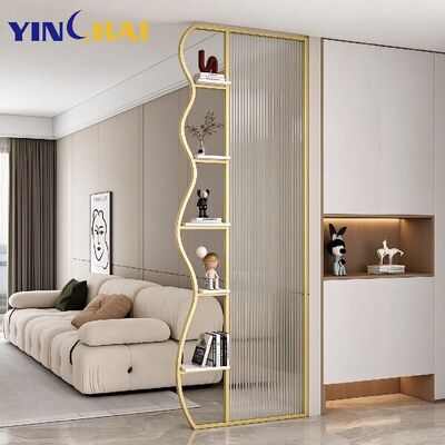  Stainless Steel Wave Shape Display Shelf Room Dividers With Fluted Tempered Glass