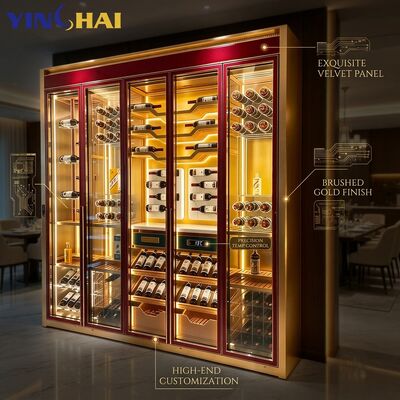 Stainless Steel 6 Door Wine Cabinet Red Gold Frame LED Glass Bottle Storage
