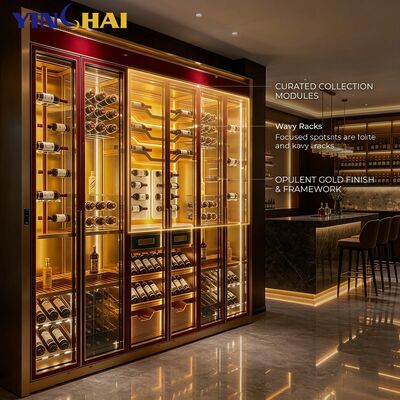 Stainless Steel 6 Door Wine Cabinet Red Gold Frame LED Glass Bottle Storage