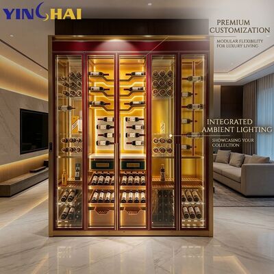 Stainless Steel 6 Door Wine Cabinet Red Gold Frame LED Glass Bottle Storage