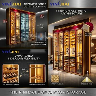 Stainless Steel 6 Door Wine Cabinet Red Gold Frame LED Glass Bottle Storage