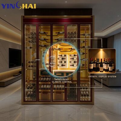Stainless Steel 6 Door Wine Cabinet Red Gold Frame LED Glass Bottle Storage